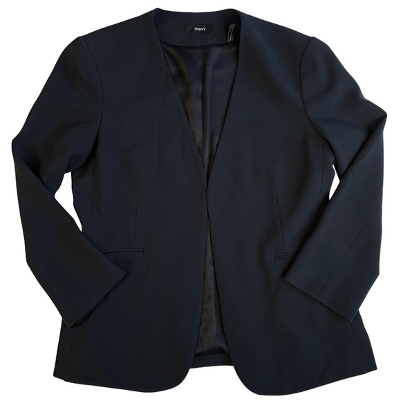 Theory Lindrayia Admiral Crepe Blazer Women 8 Deep Navy 3/4 Open Front Office - Picture 9 of 15